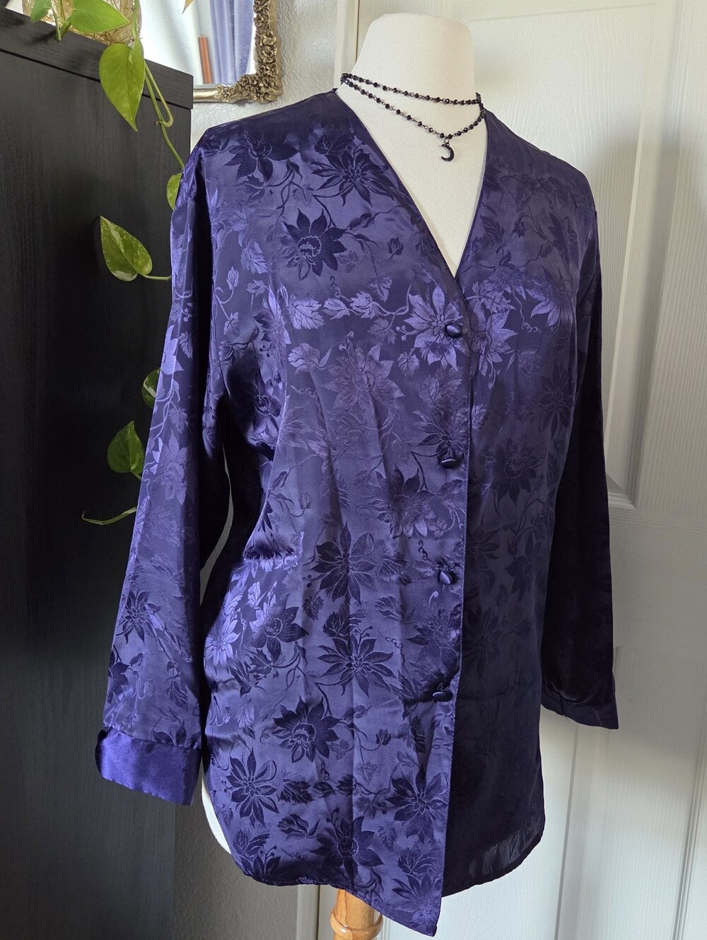 Vintage Purple Long Sleeve Floral Textured Sleep Shirt Erika Taylor Size Small